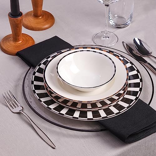 Karaca Aries Black 24 Piece Dinner Set for 6 People, Stylish, Elegant, Black White Borders, Gold and Silver Accents, Dinner Set Porcelain