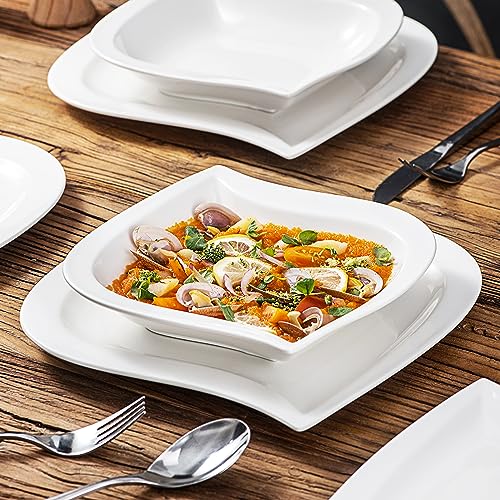 MALACASA Plates and Bowls Set, 12-Piece Dinner Sets Tableware with 6-Piece Porcelain Dinner Plates and 6-Piece Soup Plates, Plate Set for 6, Series Elvira, Ivory White
