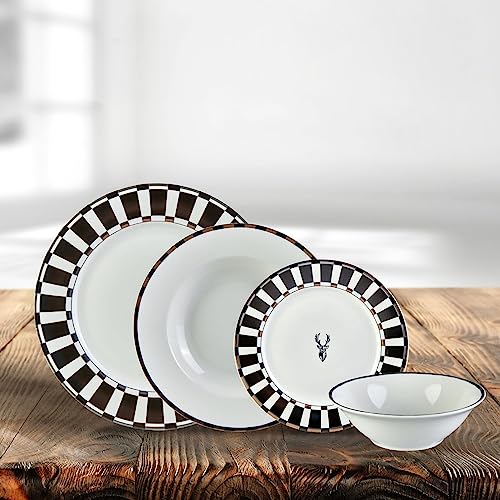 Karaca Aries Black 24 Piece Dinner Set for 6 People, Stylish, Elegant, Black White Borders, Gold and Silver Accents, Dinner Set Porcelain