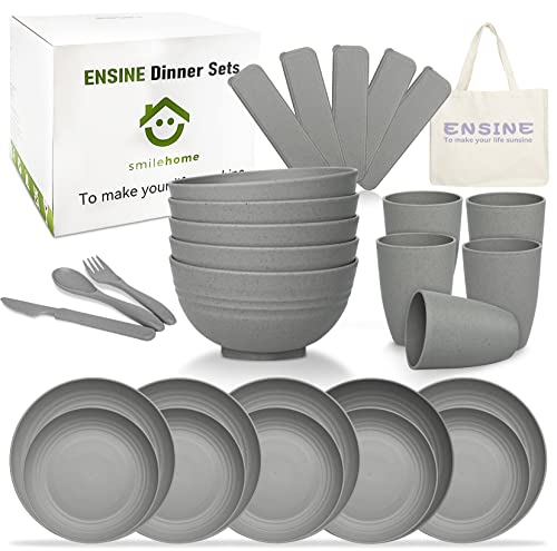 ENSINE 42pcs Plates and Bowls Set Grey, Premium Plastic Camping Dinner Sets with Carry Bag,Unbreakable Dinner Sets for 5 People, Plates, Cups, Bowls & Cutlery Set, Perfect for Picnic, BBQ, Kids