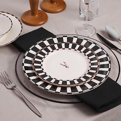 Karaca Aries Black 24 Piece Dinner Set for 6 People, Stylish, Elegant, Black White Borders, Gold and Silver Accents, Dinner Set Porcelain