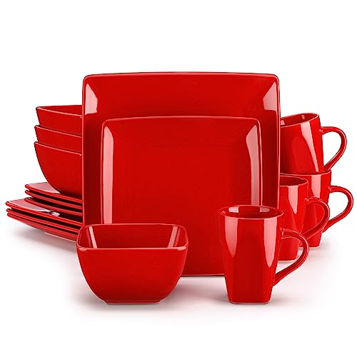 vancasso SOHO Porcelain Square Dinner Set Red 16 Piece Kitchen Dinnerware Service Plate Ceramic Crockery Set with Dinner Plate, Dessert Plate, Bowls and Mug, Service for 4