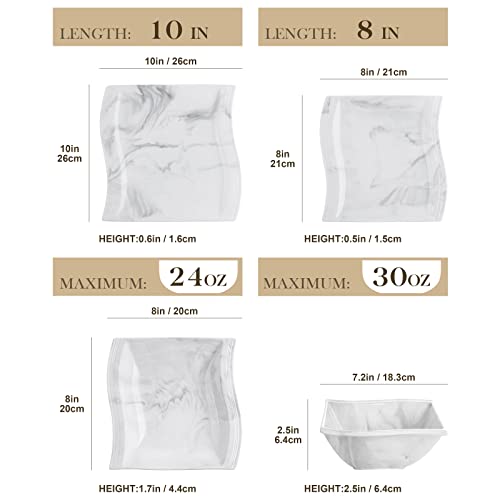 MALACASA Dinner Set for 4, 16 Piece Plates and Bowls Set, Square Tableware Porcelain Dinnerware Sets with 4 Piece Dinner Plates/Dessert Plates/Soup Plates/Bowls, Series Flora, Marble Grey