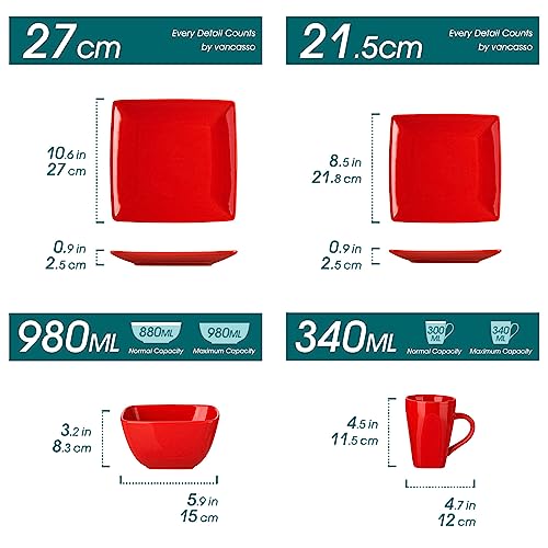 vancasso SOHO Porcelain Square Dinner Set Red 16 Piece Kitchen Dinnerware Service Plate Ceramic Crockery Set with Dinner Plate, Dessert Plate, Bowls and Mug, Service for 4