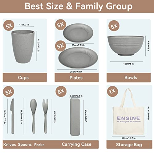 ENSINE 42pcs Plates and Bowls Set Grey, Premium Plastic Camping Dinner Sets with Carry Bag,Unbreakable Dinner Sets for 5 People, Plates, Cups, Bowls & Cutlery Set, Perfect for Picnic, BBQ, Kids