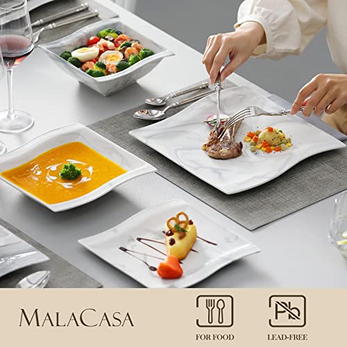 MALACASA Dinner Set for 4, 16 Piece Plates and Bowls Set, Square Tableware Porcelain Dinnerware Sets with 4 Piece Dinner Plates/Dessert Plates/Soup Plates/Bowls, Series Flora, Marble Grey