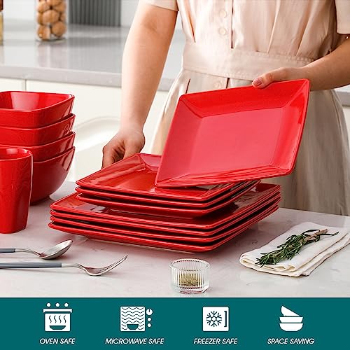 vancasso SOHO Porcelain Square Dinner Set Red 16 Piece Kitchen Dinnerware Service Plate Ceramic Crockery Set with Dinner Plate, Dessert Plate, Bowls and Mug, Service for 4