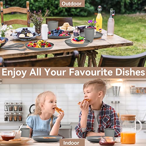 ENSINE 42pcs Plates and Bowls Set Grey, Premium Plastic Camping Dinner Sets with Carry Bag,Unbreakable Dinner Sets for 5 People, Plates, Cups, Bowls & Cutlery Set, Perfect for Picnic, BBQ, Kids