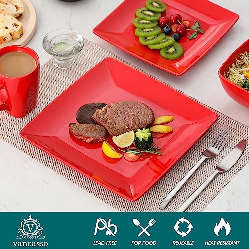 vancasso SOHO Porcelain Square Dinner Set Red 16 Piece Kitchen Dinnerware Service Plate Ceramic Crockery Set with Dinner Plate, Dessert Plate, Bowls and Mug, Service for 4