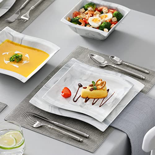 MALACASA Dinner Set for 4, 16 Piece Plates and Bowls Set, Square Tableware Porcelain Dinnerware Sets with 4 Piece Dinner Plates/Dessert Plates/Soup Plates/Bowls, Series Flora, Marble Grey