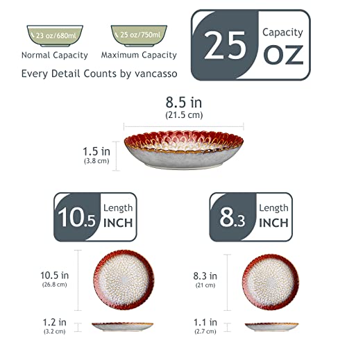 vancasso Dinner Sets, Red Reactive Glaze Crockery Set, 12-Piece Ceramic Plates and Bowls Set with Dinner Plate, Dessert Plate and Pasta Bowl. Chrysanthemum Embossed, Service for 4