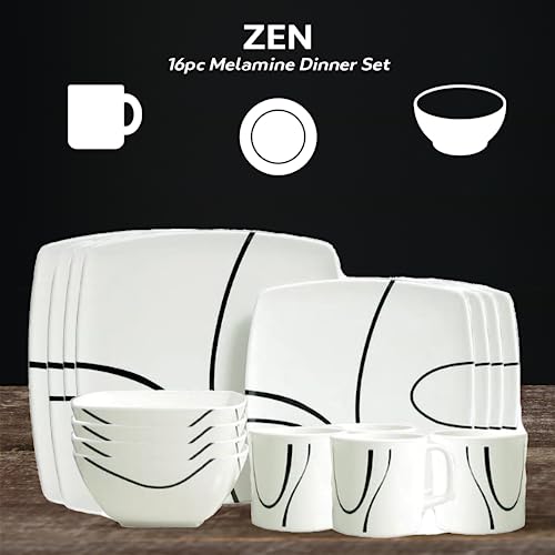Xtremeauto 16pc Dinner Set Plates and Bowls Set - Dinnerware Sets Melamine Bowl, Plate & Mugs Crockery Plate Set Dining Tableware Dishes, Dishwasher Safe Set Caravan (Zen 16pc Set)