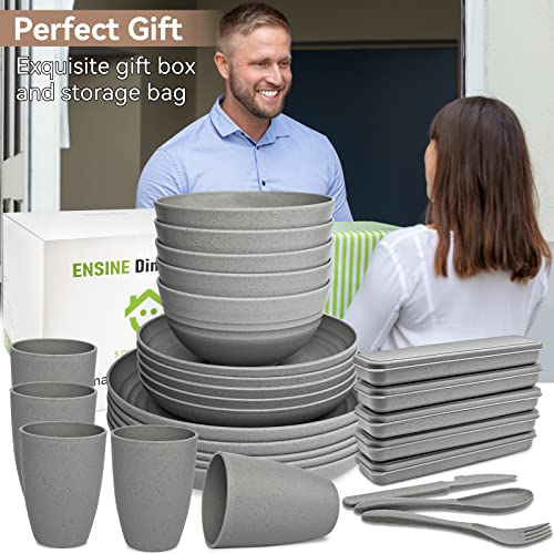 ENSINE 42pcs Plates and Bowls Set Grey, Premium Plastic Camping Dinner Sets with Carry Bag,Unbreakable Dinner Sets for 5 People, Plates, Cups, Bowls & Cutlery Set, Perfect for Picnic, BBQ, Kids