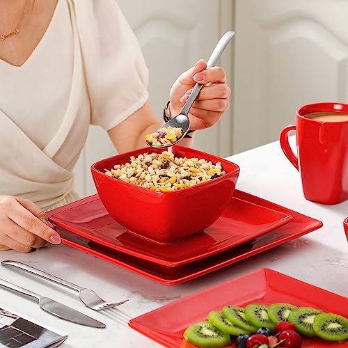 vancasso SOHO Porcelain Square Dinner Set Red 16 Piece Kitchen Dinnerware Service Plate Ceramic Crockery Set with Dinner Plate, Dessert Plate, Bowls and Mug, Service for 4