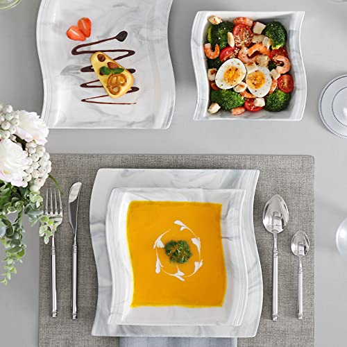 MALACASA Dinner Set for 4, 16 Piece Plates and Bowls Set, Square Tableware Porcelain Dinnerware Sets with 4 Piece Dinner Plates/Dessert Plates/Soup Plates/Bowls, Series Flora, Marble Grey