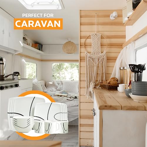 Xtremeauto 16pc Dinner Set Plates and Bowls Set - Dinnerware Sets Melamine Bowl, Plate & Mugs Crockery Plate Set Dining Tableware Dishes, Dishwasher Safe Set Caravan (Zen 16pc Set)