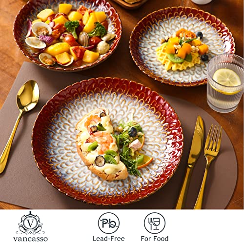 vancasso Dinner Sets, Red Reactive Glaze Crockery Set, 12-Piece Ceramic Plates and Bowls Set with Dinner Plate, Dessert Plate and Pasta Bowl. Chrysanthemum Embossed, Service for 4