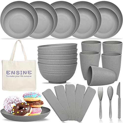 ENSINE 42pcs Plates and Bowls Set Grey, Premium Plastic Camping Dinner Sets with Carry Bag,Unbreakable Dinner Sets for 5 People, Plates, Cups, Bowls & Cutlery Set, Perfect for Picnic, BBQ, Kids