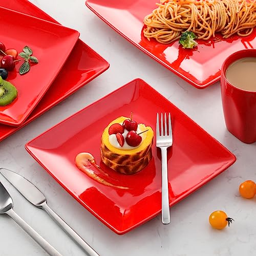vancasso SOHO Porcelain Square Dinner Set Red 16 Piece Kitchen Dinnerware Service Plate Ceramic Crockery Set with Dinner Plate, Dessert Plate, Bowls and Mug, Service for 4