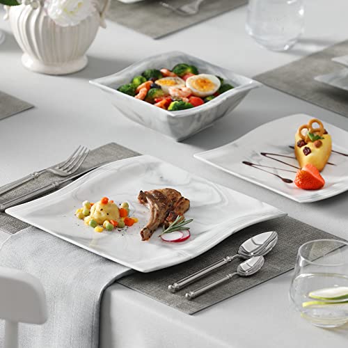 MALACASA Dinner Set for 4, 16 Piece Plates and Bowls Set, Square Tableware Porcelain Dinnerware Sets with 4 Piece Dinner Plates/Dessert Plates/Soup Plates/Bowls, Series Flora, Marble Grey