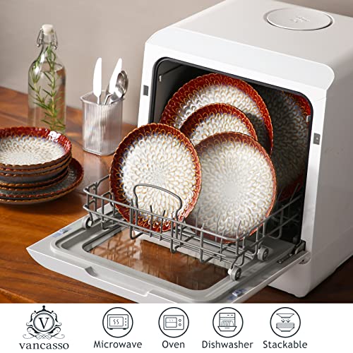 vancasso Dinner Sets, Red Reactive Glaze Crockery Set, 12-Piece Ceramic Plates and Bowls Set with Dinner Plate, Dessert Plate and Pasta Bowl. Chrysanthemum Embossed, Service for 4