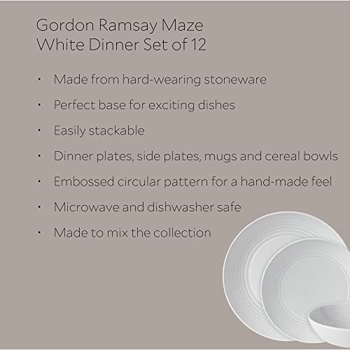 Royal Doulton Gordon Ramsay Maze White Collection Stoneware Set of 12 - Dinner Plates, Side Plates, & Cereal Bowls Ideal for Breakfast, Lunch and Dinner