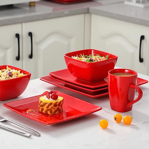 vancasso SOHO Porcelain Square Dinner Set Red 16 Piece Kitchen Dinnerware Service Plate Ceramic Crockery Set with Dinner Plate, Dessert Plate, Bowls and Mug, Service for 4