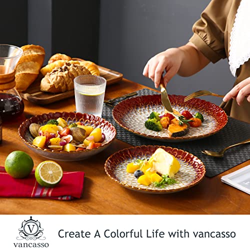 vancasso Dinner Sets, Red Reactive Glaze Crockery Set, 12-Piece Ceramic Plates and Bowls Set with Dinner Plate, Dessert Plate and Pasta Bowl. Chrysanthemum Embossed, Service for 4