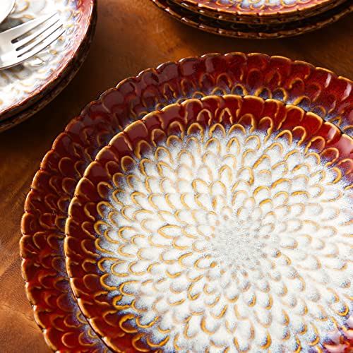 vancasso Dinner Sets, Red Reactive Glaze Crockery Set, 12-Piece Ceramic Plates and Bowls Set with Dinner Plate, Dessert Plate and Pasta Bowl. Chrysanthemum Embossed, Service for 4