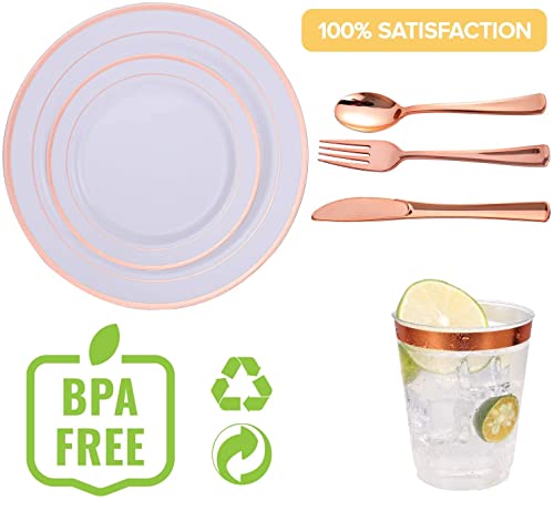 LATERN 150Pcs Multi-Use Rose Gold Plastic Dinnerware Set, 25Pcs Reusable Dinner Plates, 25Pcs Salad Plates, 25Pcs Knive, 25Pcs Mini Forks, 25Pcs Spoons, 25Pcs Cups for Wedding Anniversary Garden Party