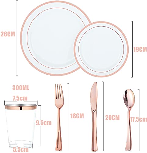 LATERN 150Pcs Multi-Use Rose Gold Plastic Dinnerware Set, 25Pcs Reusable Dinner Plates, 25Pcs Salad Plates, 25Pcs Knive, 25Pcs Mini Forks, 25Pcs Spoons, 25Pcs Cups for Wedding Anniversary Garden Party