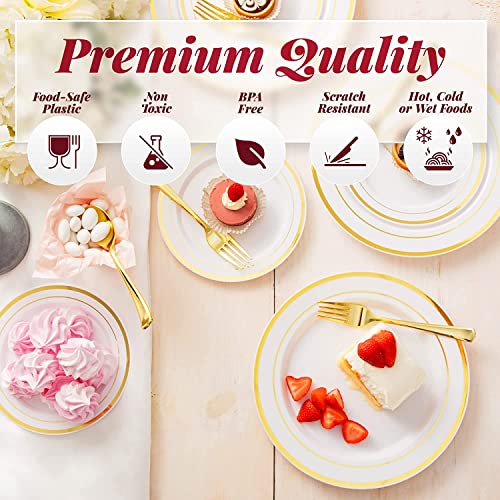 LATERN 150Pcs Multi-Use Gold Plastic Dinnerware Set, 25Pcs Resuable Dinner Plates, 25Pcs Salad Plates, 25Pcs Knives, 25Pcs Mini Forks, 25Pcs Spoons, 25Pcs Cups for Wedding Anniversary Garden Party