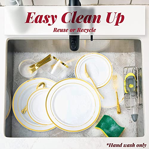 LATERN 150Pcs Multi-Use Gold Plastic Dinnerware Set, 25Pcs Resuable Dinner Plates, 25Pcs Salad Plates, 25Pcs Knives, 25Pcs Mini Forks, 25Pcs Spoons, 25Pcs Cups for Wedding Anniversary Garden Party