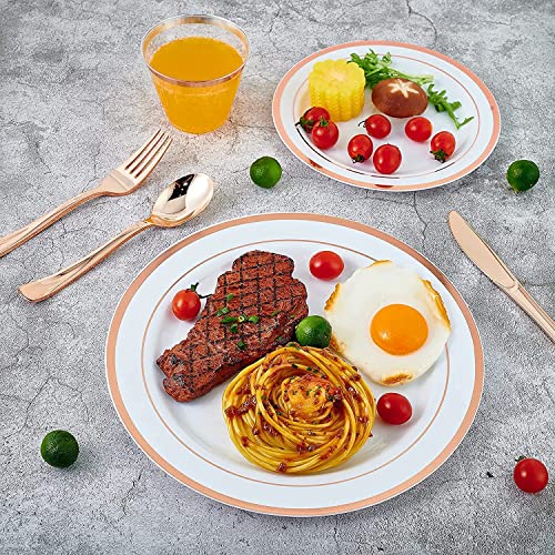 LATERN 150Pcs Multi-Use Rose Gold Plastic Dinnerware Set, 25Pcs Reusable Dinner Plates, 25Pcs Salad Plates, 25Pcs Knive, 25Pcs Mini Forks, 25Pcs Spoons, 25Pcs Cups for Wedding Anniversary Garden Party