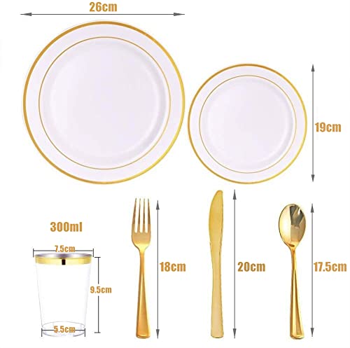 LATERN 150Pcs Multi-Use Gold Plastic Dinnerware Set, 25Pcs Resuable Dinner Plates, 25Pcs Salad Plates, 25Pcs Knives, 25Pcs Mini Forks, 25Pcs Spoons, 25Pcs Cups for Wedding Anniversary Garden Party