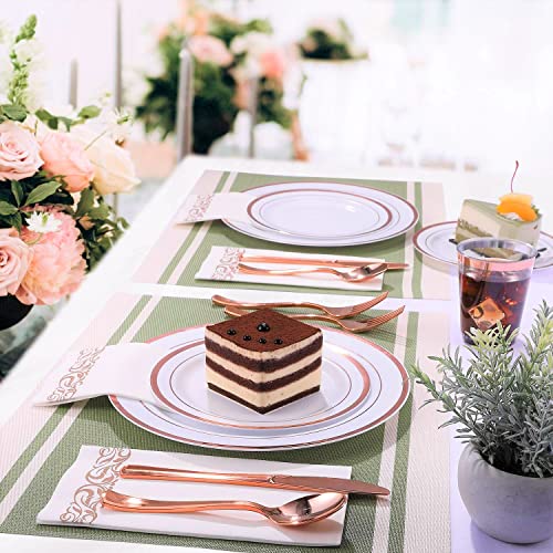 LATERN 150Pcs Multi-Use Rose Gold Plastic Dinnerware Set, 25Pcs Reusable Dinner Plates, 25Pcs Salad Plates, 25Pcs Knive, 25Pcs Mini Forks, 25Pcs Spoons, 25Pcs Cups for Wedding Anniversary Garden Party