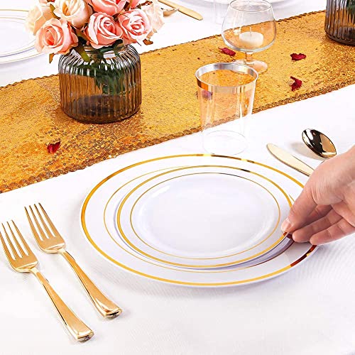 LATERN 150Pcs Multi-Use Gold Plastic Dinnerware Set, 25Pcs Resuable Dinner Plates, 25Pcs Salad Plates, 25Pcs Knives, 25Pcs Mini Forks, 25Pcs Spoons, 25Pcs Cups for Wedding Anniversary Garden Party