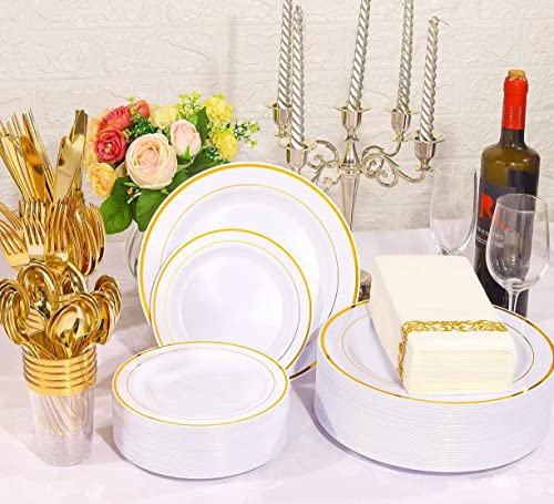 LATERN 150Pcs Multi-Use Gold Plastic Dinnerware Set, 25Pcs Resuable Dinner Plates, 25Pcs Salad Plates, 25Pcs Knives, 25Pcs Mini Forks, 25Pcs Spoons, 25Pcs Cups for Wedding Anniversary Garden Party