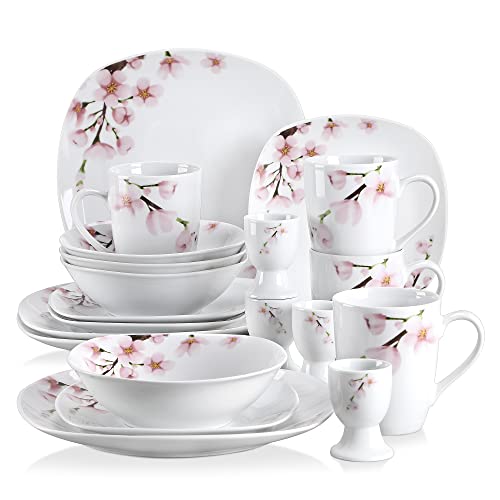VEWEET 'Annie' 20-Piece Dinner Set Ivory White Porcelain Pink Floral Pattern Kitchen Decor Dinnerware Set Including Egg Cups/Mugs/Bowls/Dessert Plates/Dinner Plates Service for 4