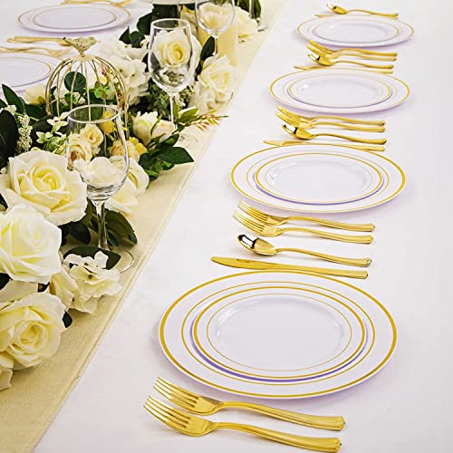 LATERN 150Pcs Multi-Use Gold Plastic Dinnerware Set, 25Pcs Resuable Dinner Plates, 25Pcs Salad Plates, 25Pcs Knives, 25Pcs Mini Forks, 25Pcs Spoons, 25Pcs Cups for Wedding Anniversary Garden Party