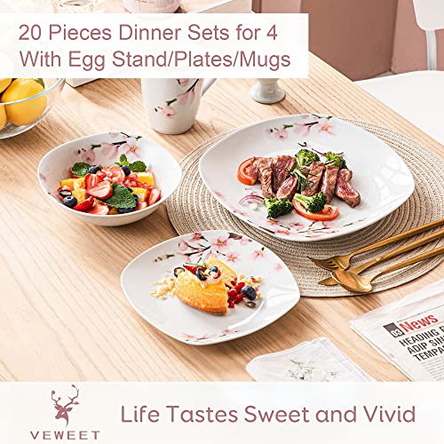 VEWEET 'Annie' 20-Piece Dinner Set Ivory White Porcelain Pink Floral Pattern Kitchen Decor Dinnerware Set Including Egg Cups/Mugs/Bowls/Dessert Plates/Dinner Plates Service for 4