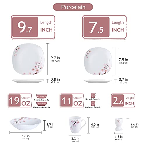 VEWEET 'Annie' 20-Piece Dinner Set Ivory White Porcelain Pink Floral Pattern Kitchen Decor Dinnerware Set Including Egg Cups/Mugs/Bowls/Dessert Plates/Dinner Plates Service for 4
