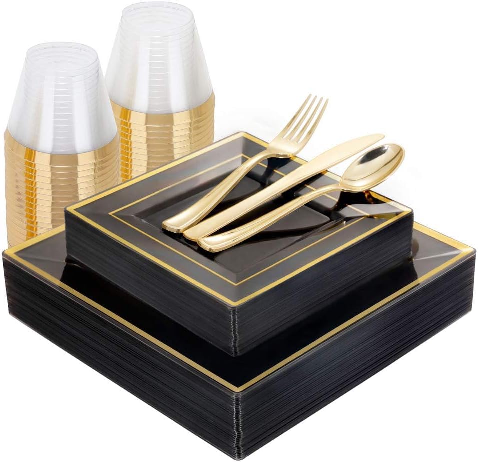 Square Dishes Dinner and Dessert Plates Cups Cutlery for 25, 175 Pieces of Plastic Dinnerware for Dinners, Birthdays, Wedding Anniversary, Summer Celebrations, Halloween, Christmas (Black and Gold)