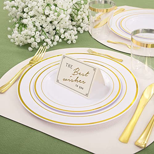 LATERN 150Pcs Multi-Use Gold Plastic Dinnerware Set, 25Pcs Resuable Dinner Plates, 25Pcs Salad Plates, 25Pcs Knives, 25Pcs Mini Forks, 25Pcs Spoons, 25Pcs Cups for Wedding Anniversary Garden Party