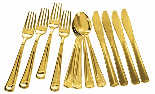 18 PC Plastic Metallic Shiny Cutlery Set Tableware Dinnerware Flatware Forks Spoons Knife Birthday Party Wedding Dessert Picnic BBQ Christmas Anniversary Cater Reusable Kitchen Crockery Color (Gold)