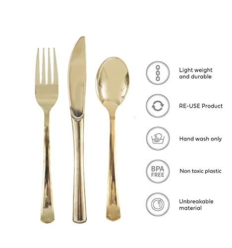 18 PC Plastic Metallic Shiny Cutlery Set Tableware Dinnerware Flatware Forks Spoons Knife Birthday Party Wedding Dessert Picnic BBQ Christmas Anniversary Cater Reusable Kitchen Crockery Color (Gold)