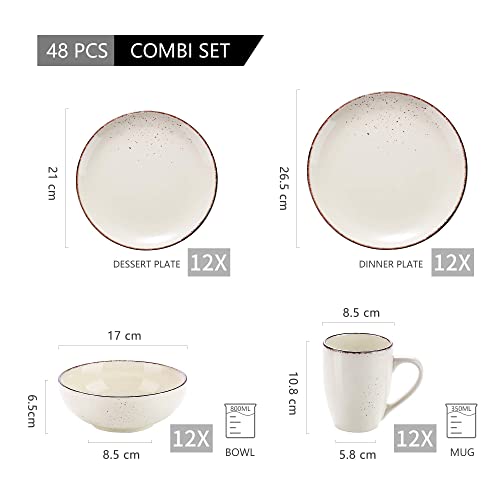 vancasso Navia Nature Dinner Set, Stoneware Vintage Look Cream Dinnerware Tableware, 48 Pieces Dinner Service Set for 12, Include Dinner Plate, Dessert Plate, Cereal Bowl and Mug