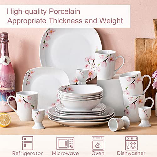 VEWEET 'Annie' 20-Piece Dinner Set Ivory White Porcelain Pink Floral Pattern Kitchen Decor Dinnerware Set Including Egg Cups/Mugs/Bowls/Dessert Plates/Dinner Plates Service for 4