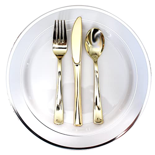 18 PC Plastic Metallic Shiny Cutlery Set Tableware Dinnerware Flatware Forks Spoons Knife Birthday Party Wedding Dessert Picnic BBQ Christmas Anniversary Cater Reusable Kitchen Crockery Color (Gold)