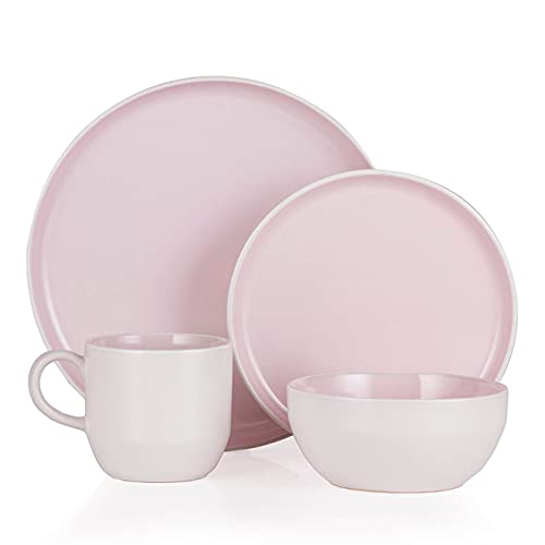 Barbary & Oak BO867004PNK Oslo 16 Piece Dinnerware Set, Stoneware, White and Pink Lemonade